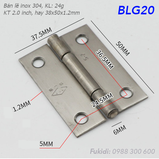 Bản lề lá inox 304 KT 37x50, dày 1.2mm - BLG20