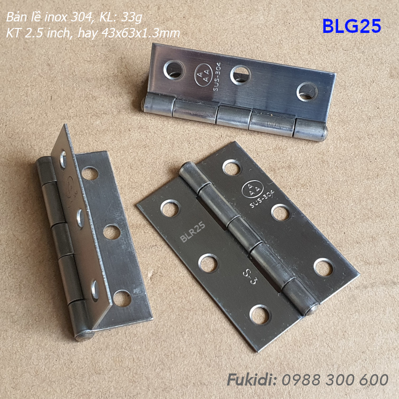 Bản lề lá inox 304 KT 43x63, dày 1.3mm - BLG25