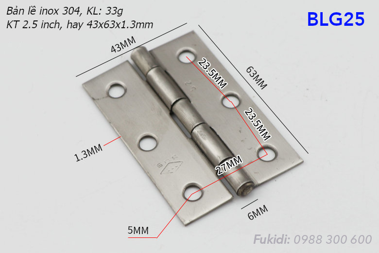 Bản lề lá inox 304 KT 43x63, dày 1.3mm - BLG25