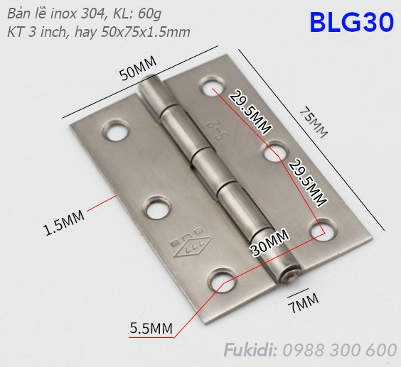 Bản lề lá inox 304 KT 50x75, dày 1.5mm - BLG30