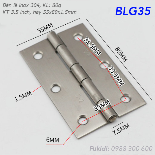 Bản lề lá inox 304 KT 55x89, dày 1.5mm - BLG35