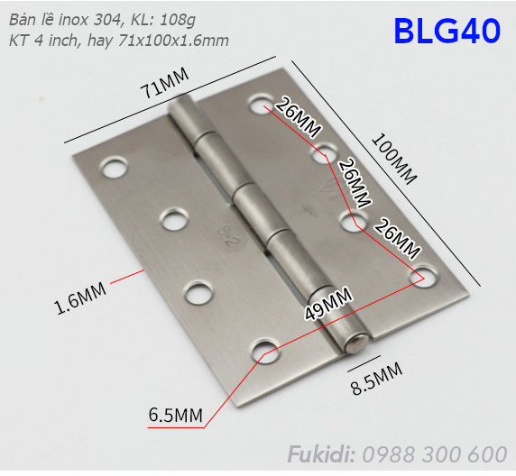 Bản lề lá inox 304 KT 71x100, dày 1.6mm - BLG40