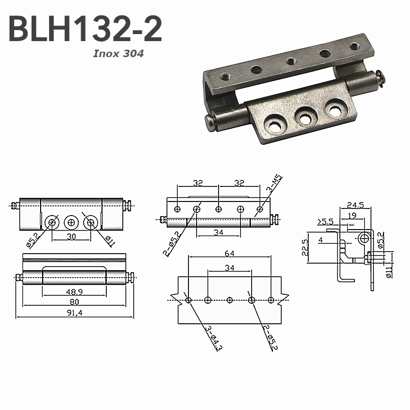 Bản lề tủ điện dạng âm, inox 304, KT 80x25x25mm - BLH132-2