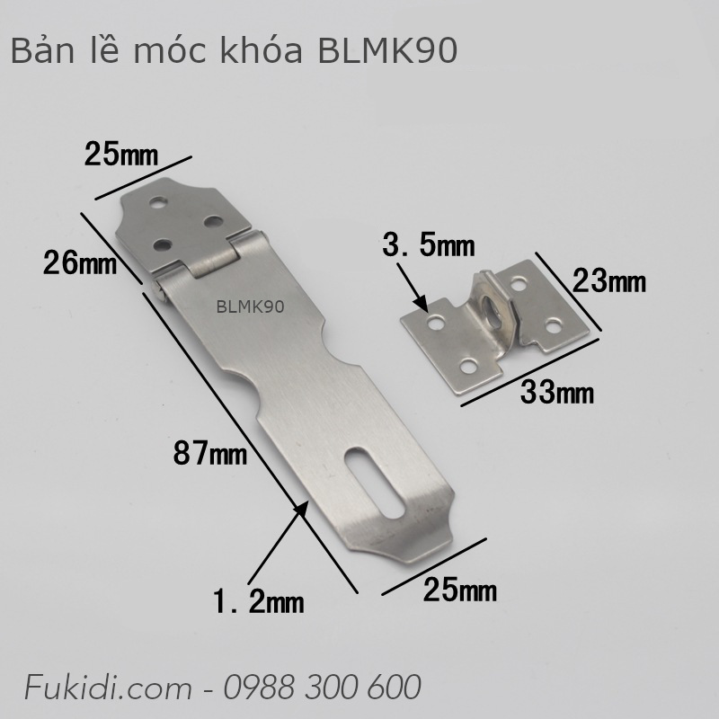 Bản lề móc khóa inox 201, KT 25x87mm, dày 1.2mm - BLMK90