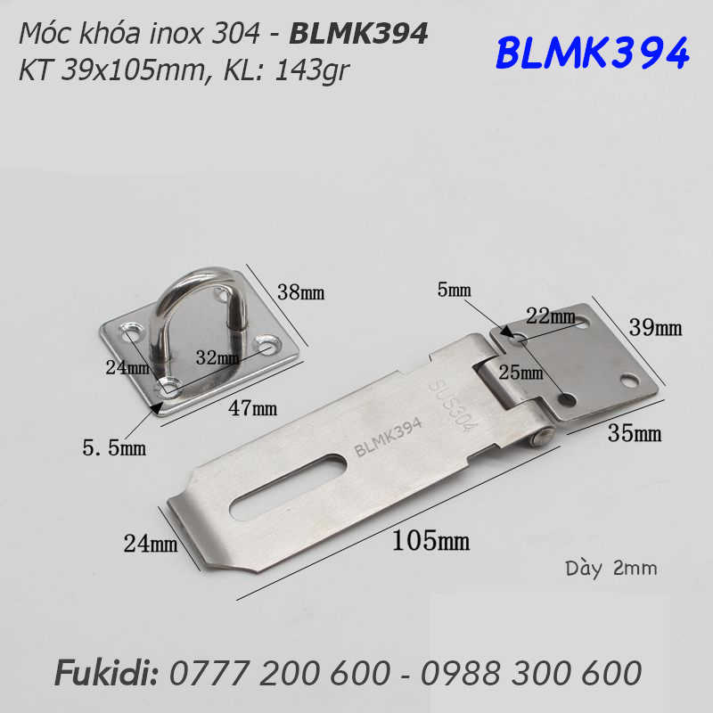 Bản lề móc khóa inox 304, size 86x105, dày 2mm - BLMK394