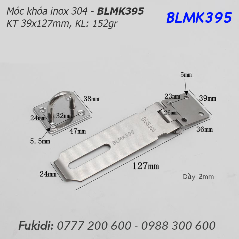 Bản lề móc khóa inox 304, size 39x127, dày 2mm - BLMK395
