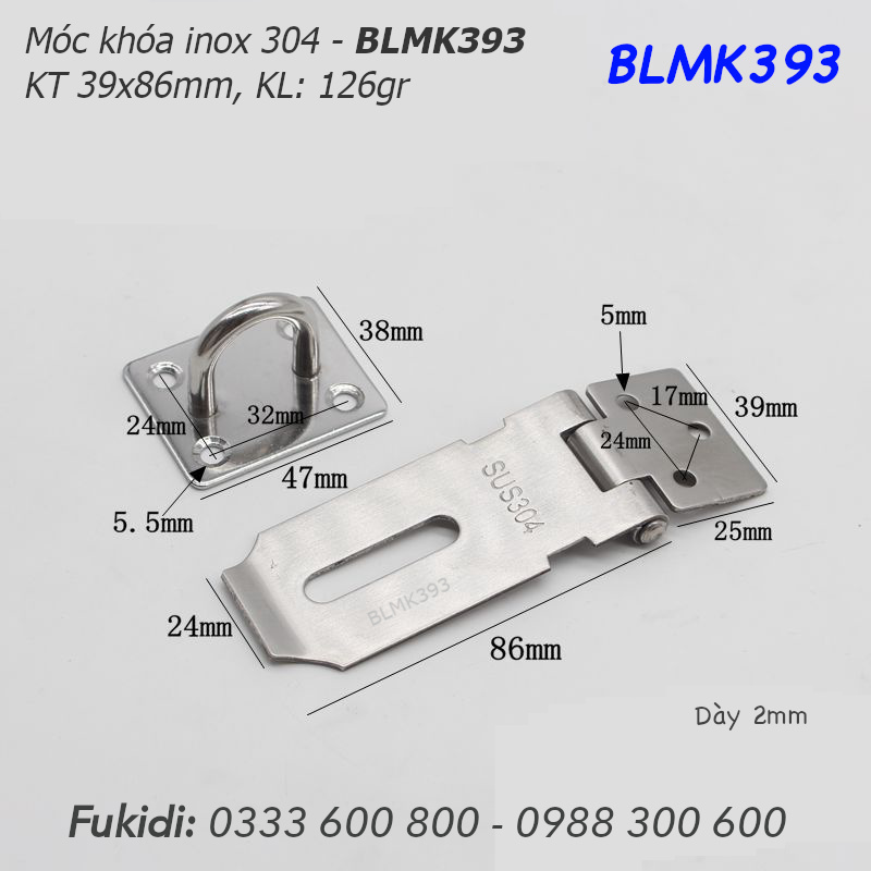 Bản lề móc khóa inox 304, size 39x86, dày 2mm - BLMK393