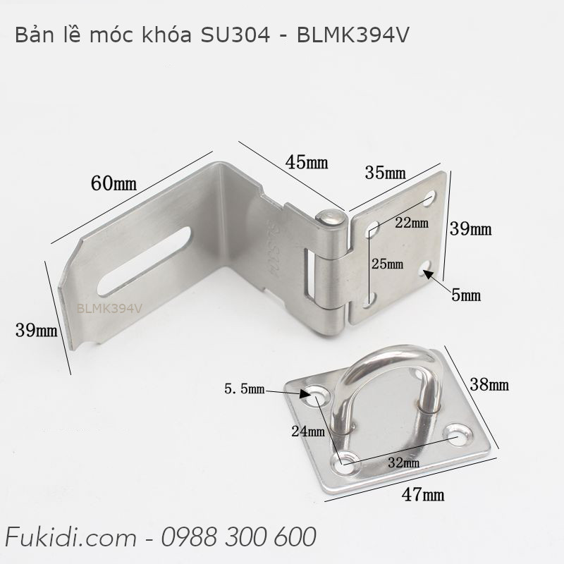 Bản lề móc khóa góc vuông inox 304, 4 inch, dày 2mm - BLMK394V