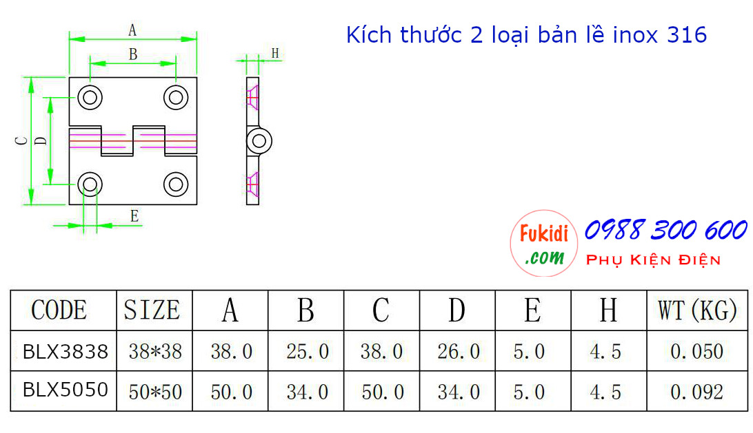 Chi tiết kích thước của hai loại bản lề BLX3838 và BLX5050