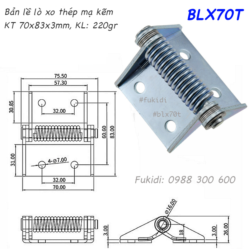 Bản lề tự đóng cửa loại lớn, thép mạ kẽm, dài 70mm - BLX70T