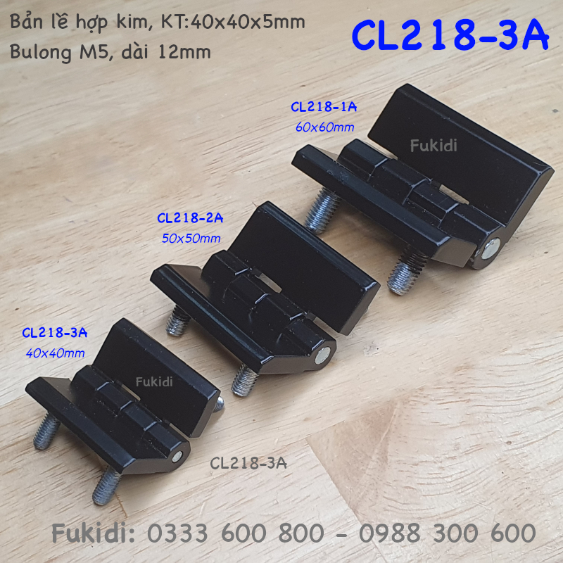 Bản lề hợp kim kẽm CL218-3A, 40x40, dày 5mm gắn sẵn đinh ốc 5mm dài 12mm màu đen CL218-3AB