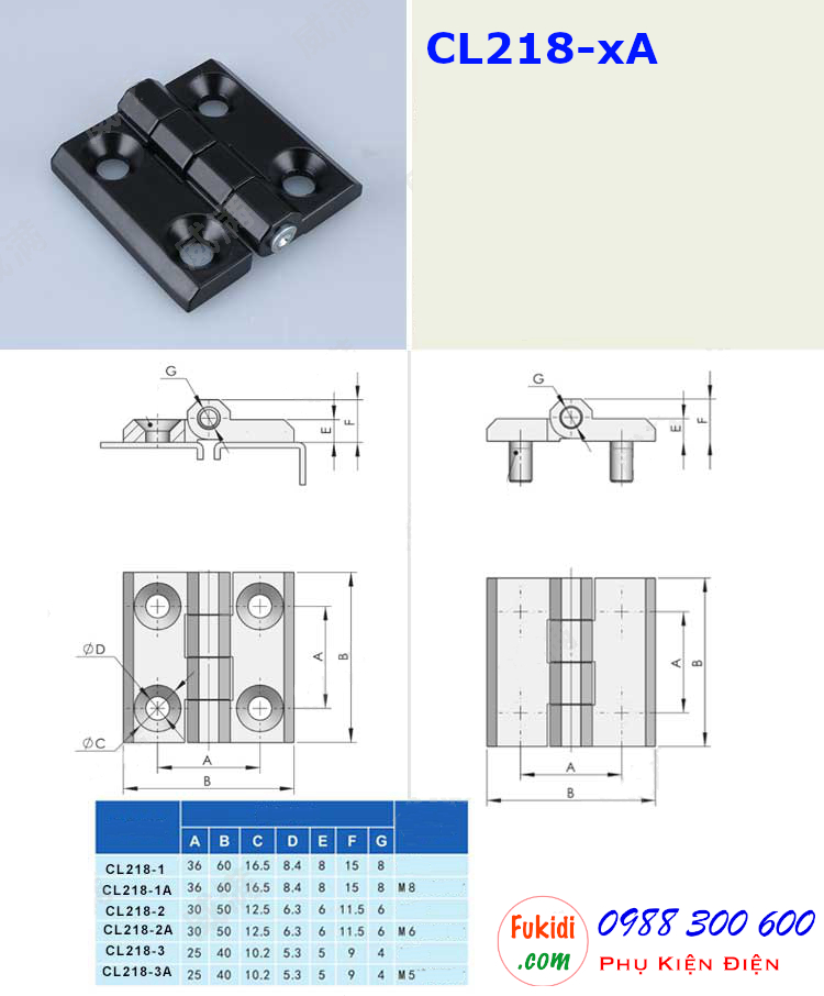 Bản lề hợp kim kẽm CL218-3A, 40x40, dày 5mm gắn sẵn đinh ốc 5mm dài 12mm màu đen CL218-3AB