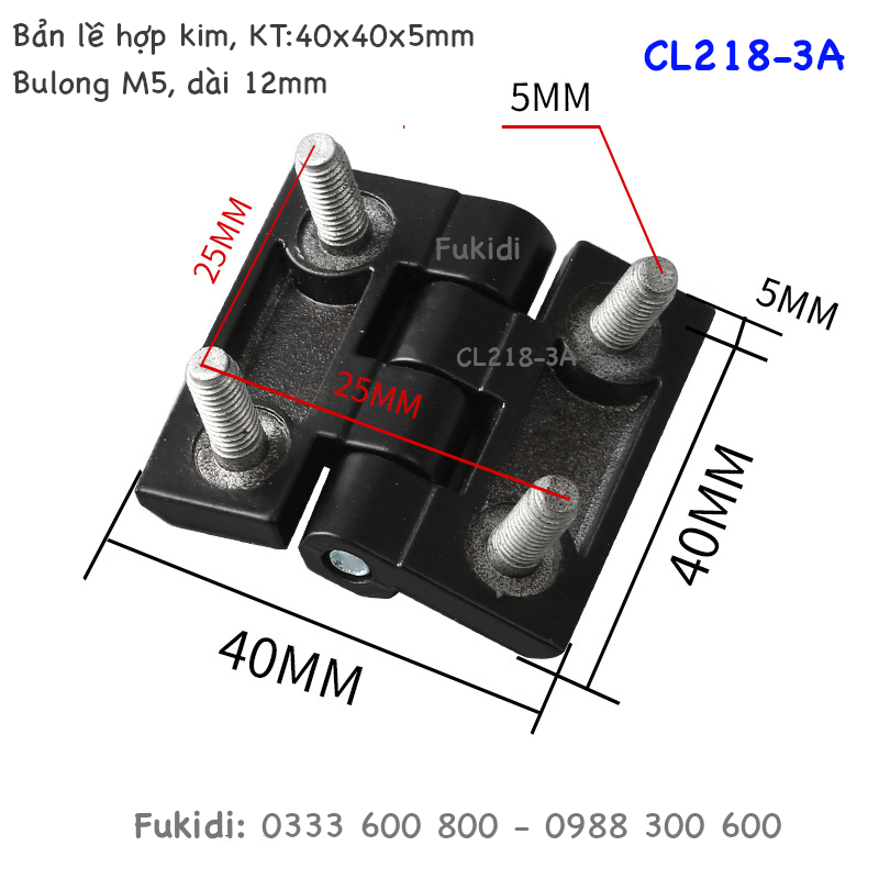 Bản lề hợp kim kẽm CL218-3A, 40x40, dày 5mm gắn sẵn đinh ốc 5mm dài 12mm màu đen CL218-3AB