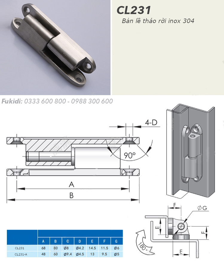 Bản lề inox 304 tháo rời, KT 14.5x80mm - CL231