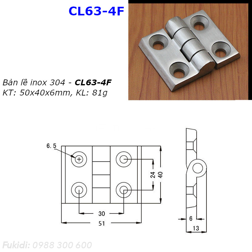 Bản lề inox 304 KT 50x40, dày 6mm - CL63-4F
