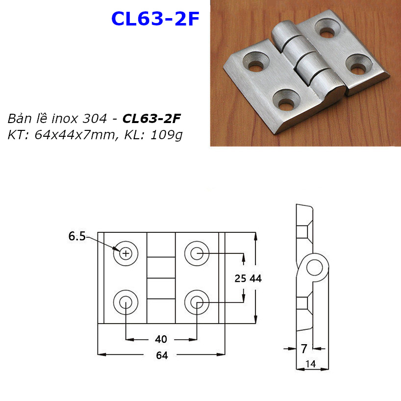 Bản lề inox 304 KT 64x44, dày 7mm - CL63-2F