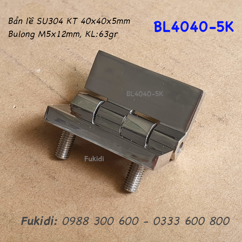 Bản lề inox 304 KT 40x40 dày 5mm, gắn sẵn bulong M5 dài 12mm - BL4040-5K