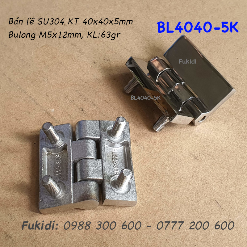 Bản lề inox 304 KT 40x40 dày 5mm, gắn sẵn bulong M5 dài 12mm - BL4040-5K