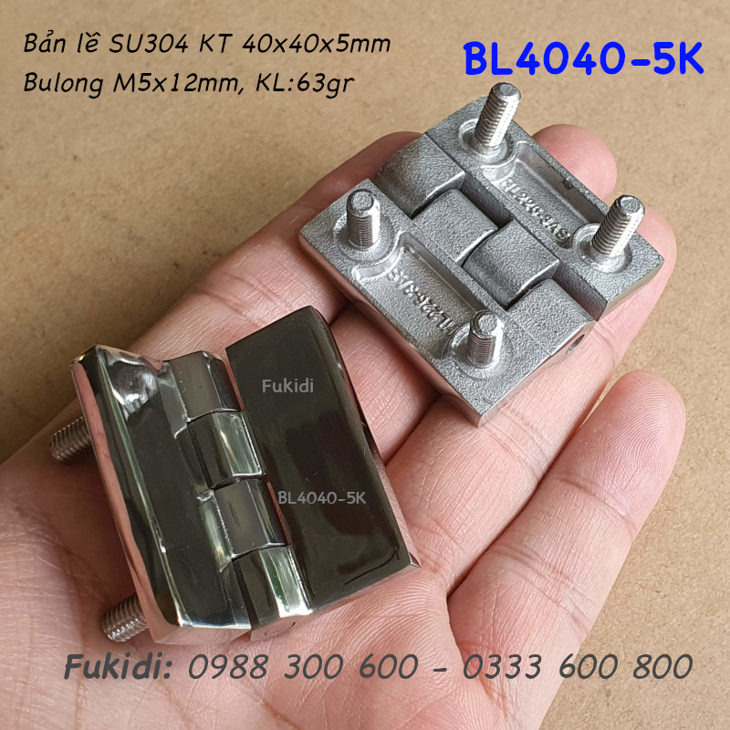 Bản lề inox 304 KT 40x40 dày 5mm, gắn sẵn bulong M5 dài 12mm - BL4040-5K