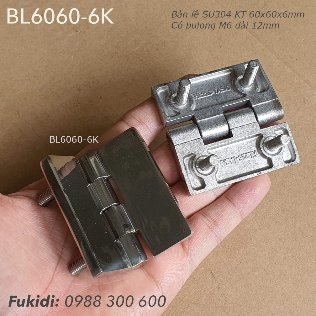 Bản lề SU-304 KT 60x60 dày 6mm, gắn sẵn bulong M6 dài 12mm - BL6060-6K