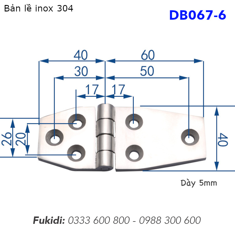 Bản lề inox 304, kiểu hình thoi, KT 40x100x5mm - DB067-6