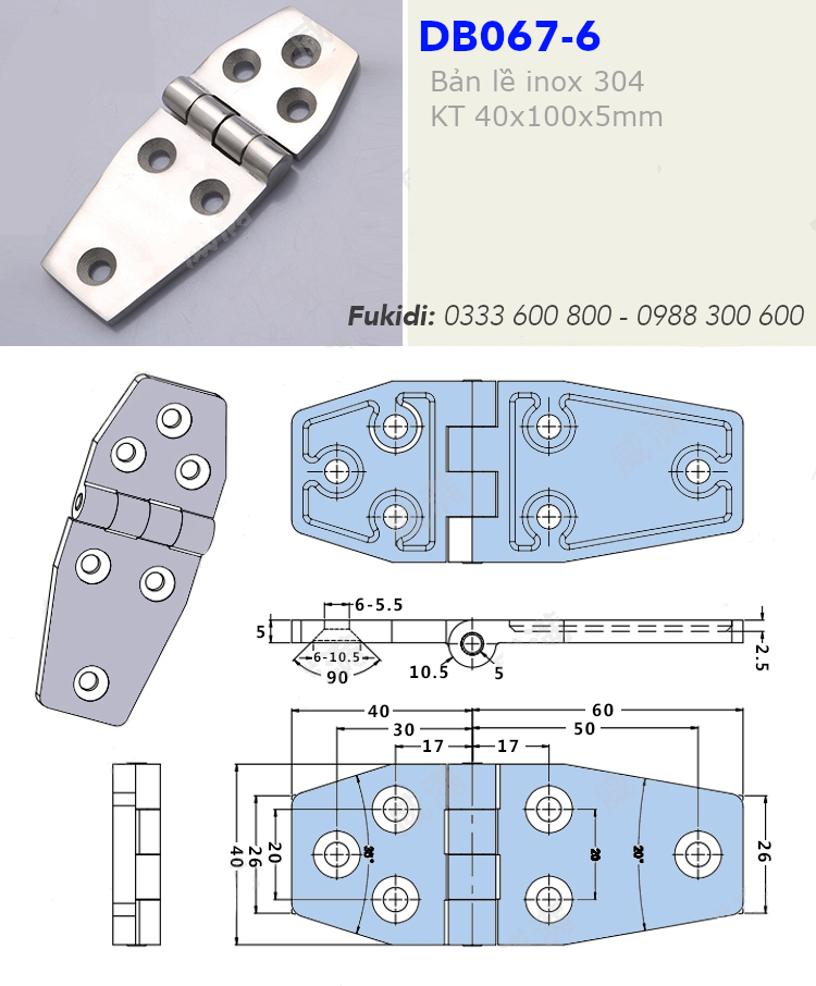 Bản lề inox 304, kiểu hình thoi, KT 40x100x5mm - DB067-6
