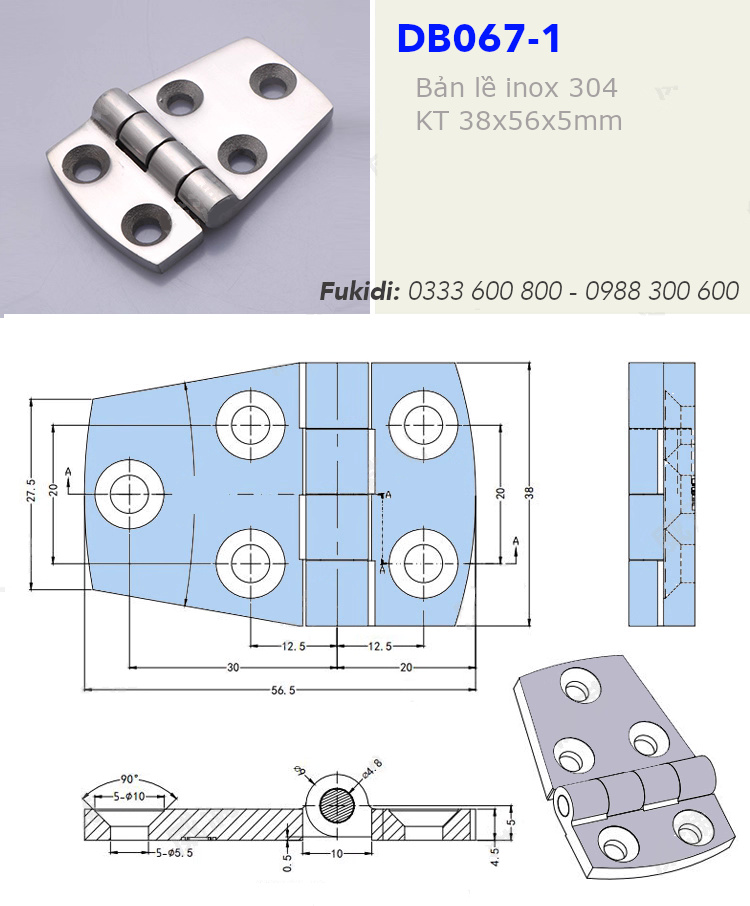 Bản lề inox 304, kiểu hình thoi, KT 38x56x5mm - DB067-1
