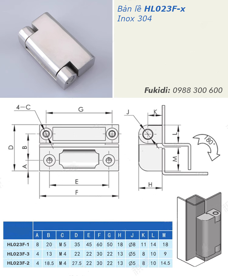 Chi tiết kích thước của ba cỡ của bản lề họ HL023 inox 304