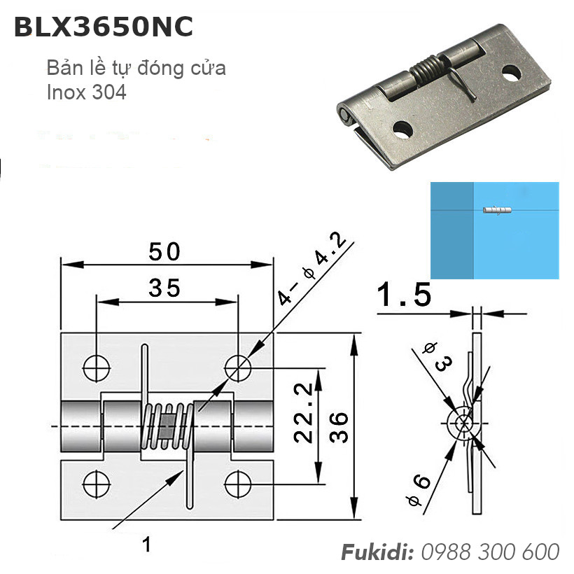 Bản lề lò xo tự đóng cửa inox 304, KT 36x50 dày 2mm - BLX3650NC