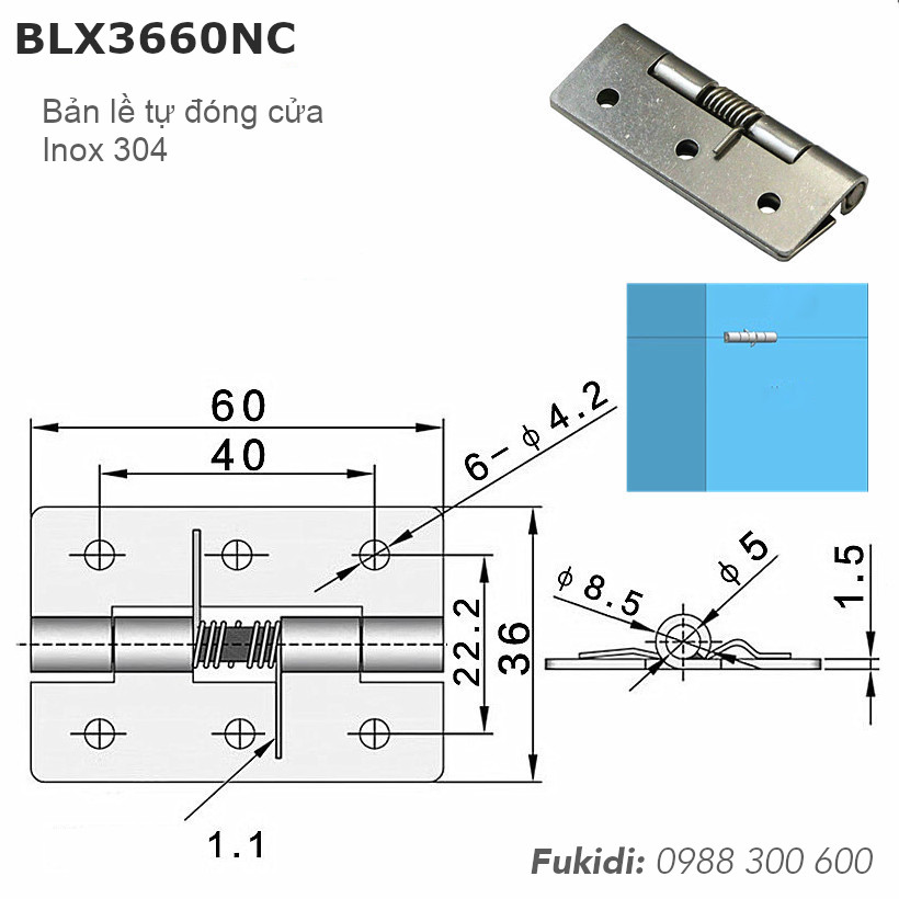 Bản lề lò xo tự đóng cửa inox 304, KT 36x60 dày 2mm - BLX3660NC