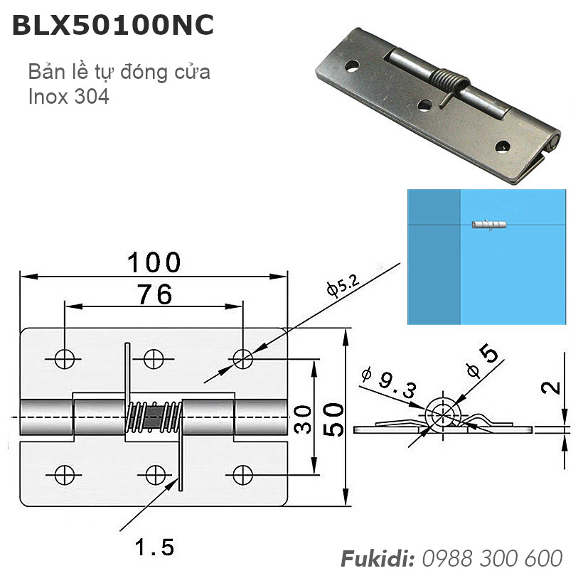 chi tiết kích thước bản lề lò xo tự đóng cửa BLX50100NC