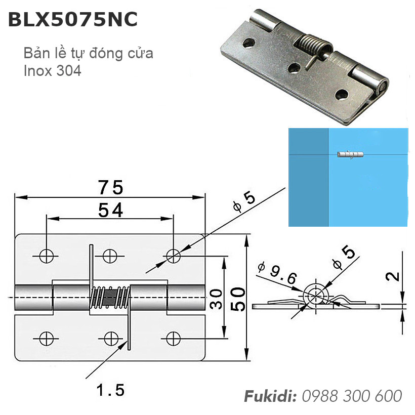 Bản lề lò xo tự đóng cửa inox 304, KT 50x75 dày 2mm - BLX5075NC