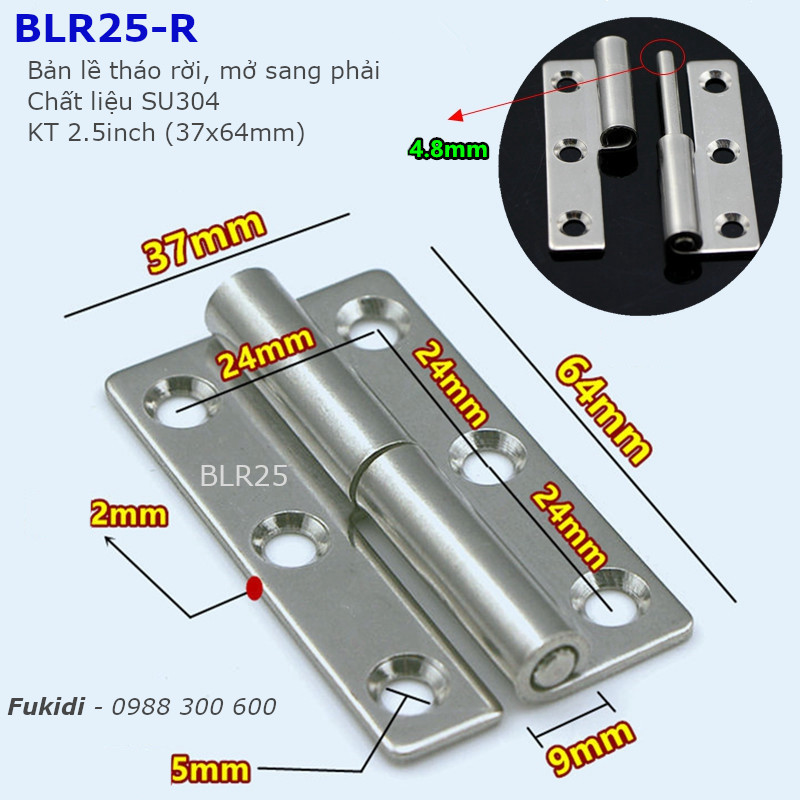 Bản lề tháo rời, SU304 KT 2.5inch (37x64mm) dày 2mm - BLR25