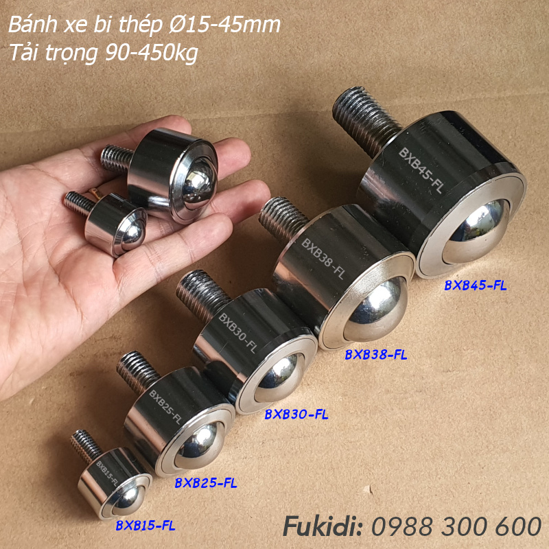 Bánh xe bi thép, bánh xe đa hướng, phi 25mm, tải 150kg - BXB25-FL (KSM25-FL)