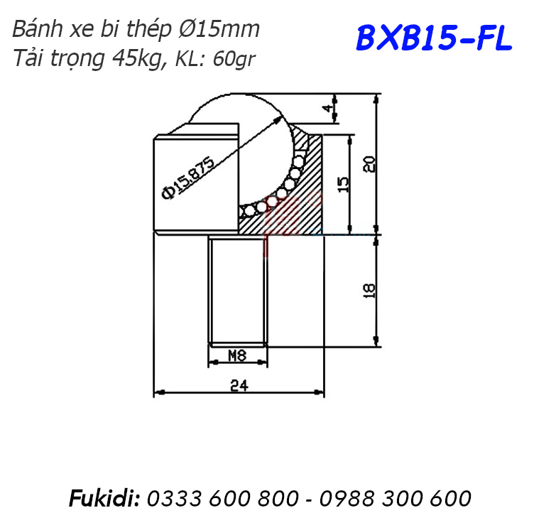 Bánh xe bi thép đa hướng, phi 15mm, tải 45kg - BXB15-FL
