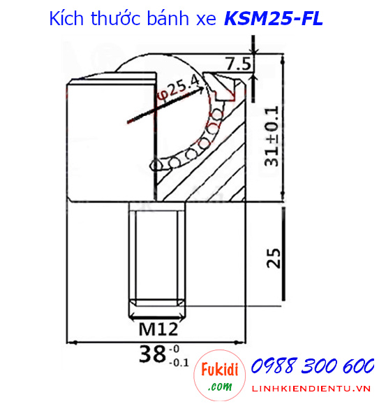 Bánh xe bi thép, bánh xe đa hướng, phi 25mm, tải 150kg - BXB25-FL (KSM25-FL)