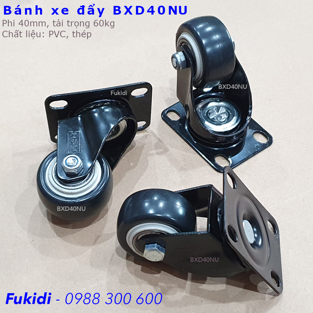 Bánh xe đẩy hàng, phi 40mm, xoay 360 độ, chất liệu nhựa PVC và thép - BXD40NU