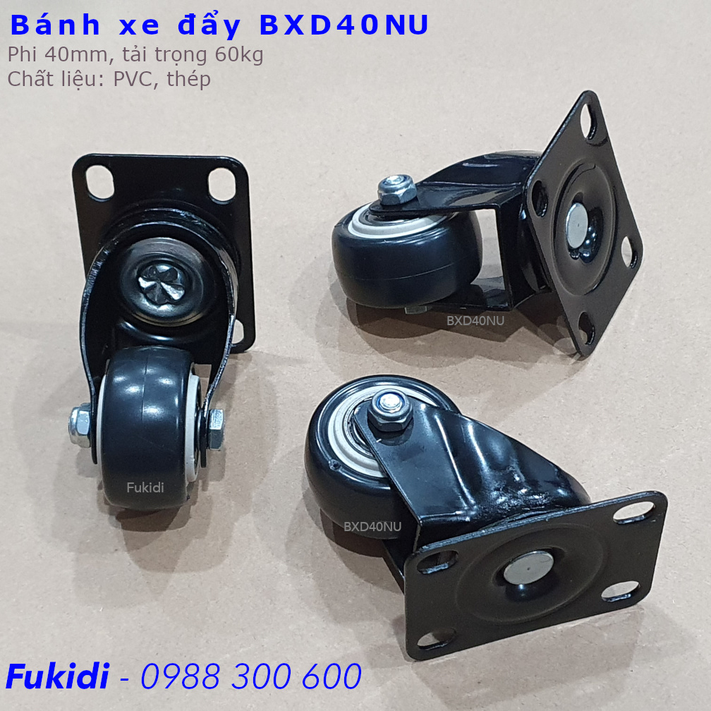 Bánh xe đẩy hàng, phi 40mm, xoay 360 độ, chất liệu nhựa PVC và thép - BXD40NU