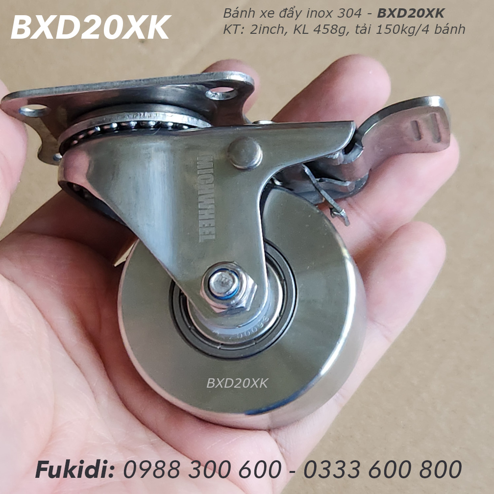 Bánh xe inox 304, chịu nhiệt cao, tải 150kg bốn bánh, KT 2 inch - BXD20XK