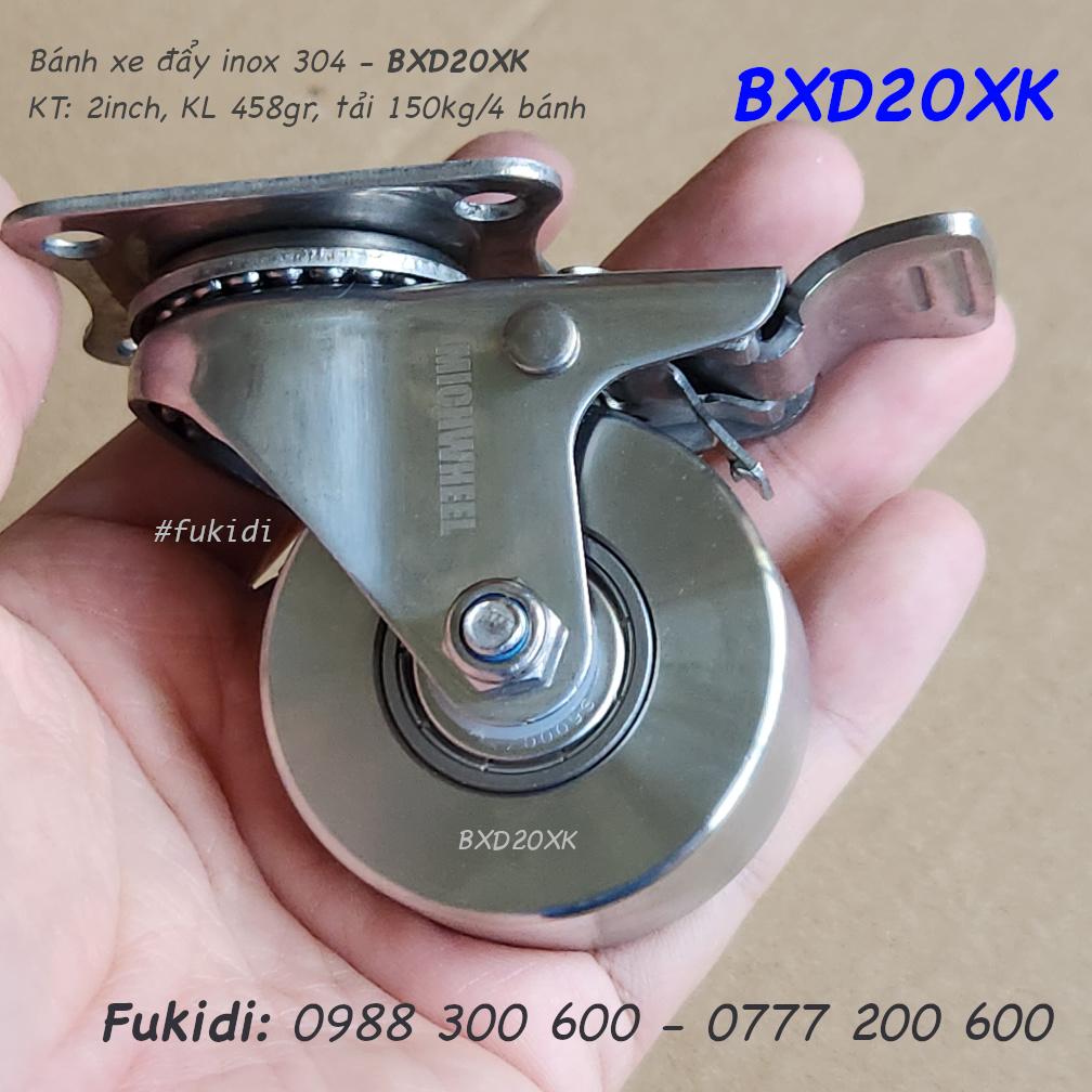 Bánh xe inox 304, chịu nhiệt cao, tải 150kg bốn bánh, KT 2 inch - BXD20XK