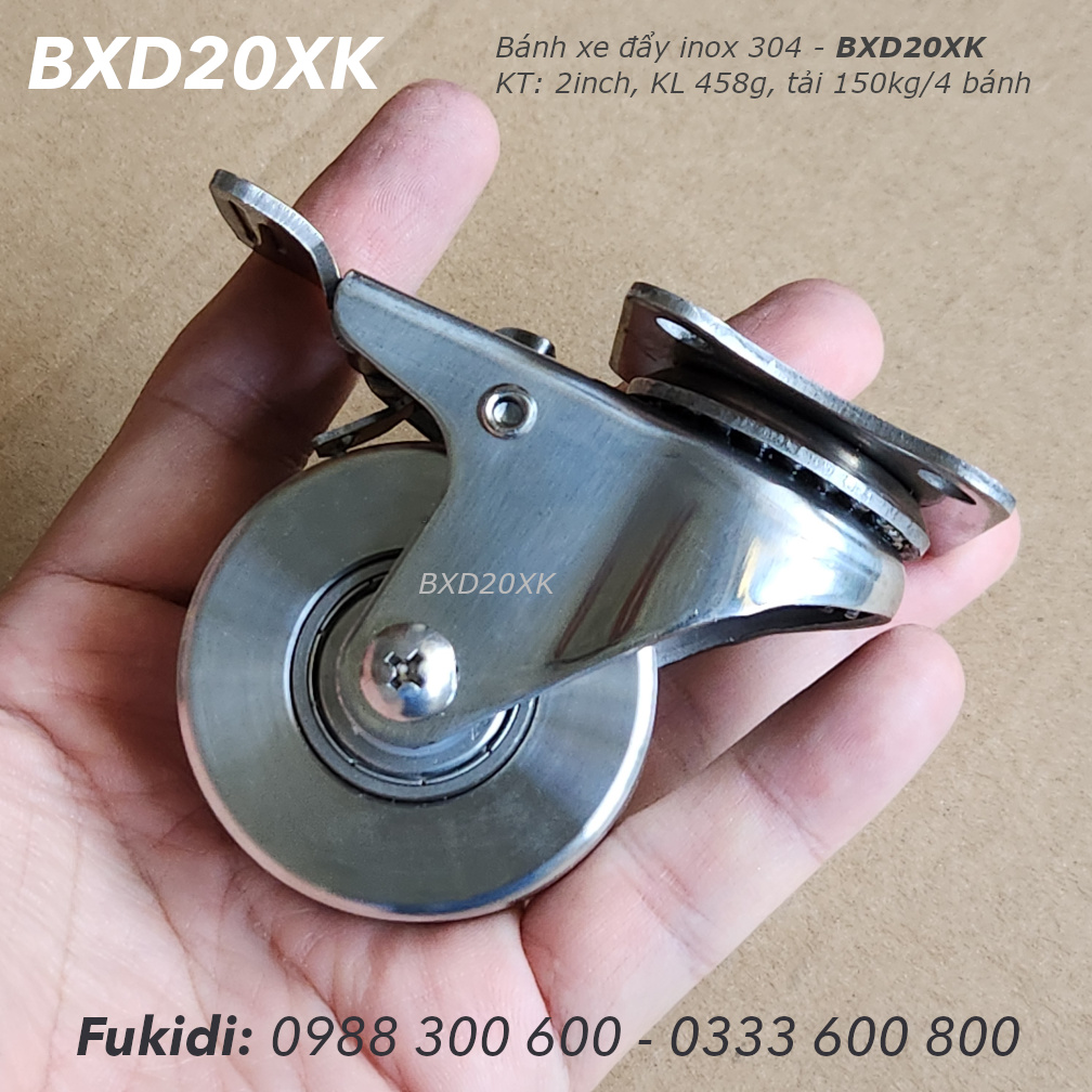 Bánh xe inox 304, chịu nhiệt cao, tải 150kg bốn bánh, KT 2 inch - BXD20XK