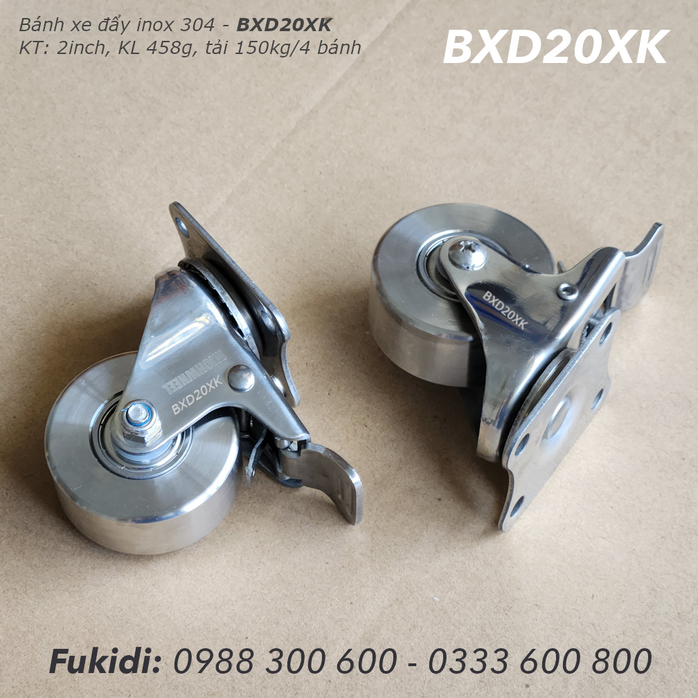 Bánh xe inox 304, chịu nhiệt cao, tải 150kg bốn bánh, KT 2 inch - BXD20XK