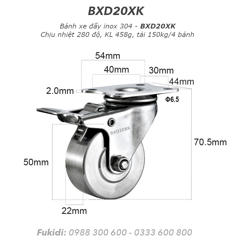 Bánh xe inox 304, chịu nhiệt cao, tải 150kg bốn bánh, KT 2 inch - BXD20XK