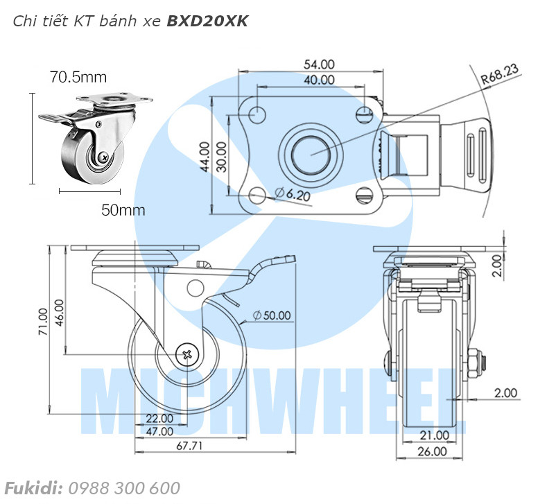 Bánh xe inox 304, chịu nhiệt cao, tải 150kg bốn bánh, KT 2 inch - BXD20XK