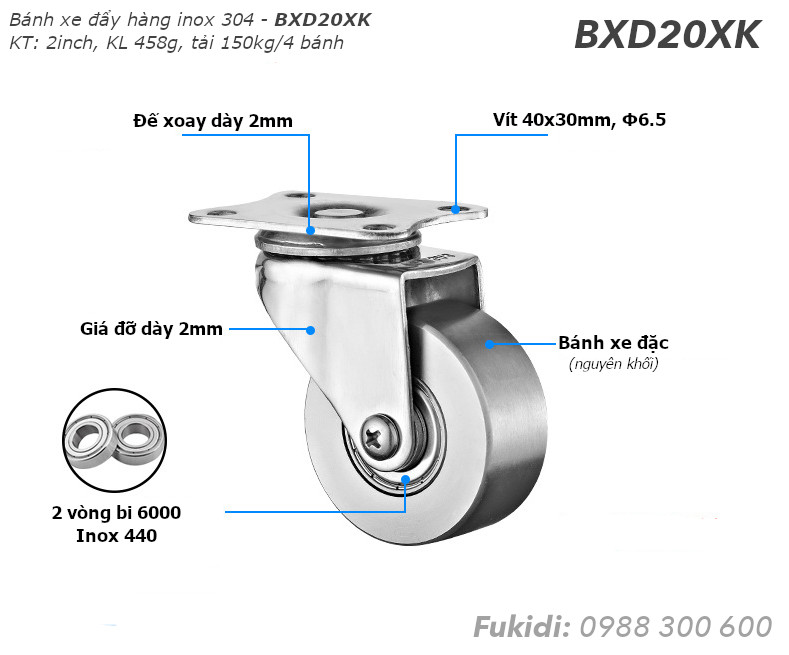 Bánh xe inox 304, chịu nhiệt cao, tải 150kg bốn bánh, KT 2 inch - BXD20XK