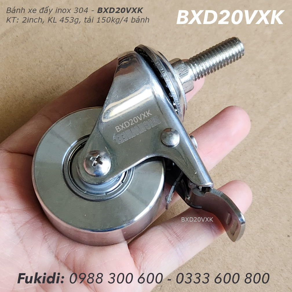 Bánh xe đẩy inox 304, trục vít xoay, tải 150kg cho bốn bánh, KT 22x50mm - BXD20VXK