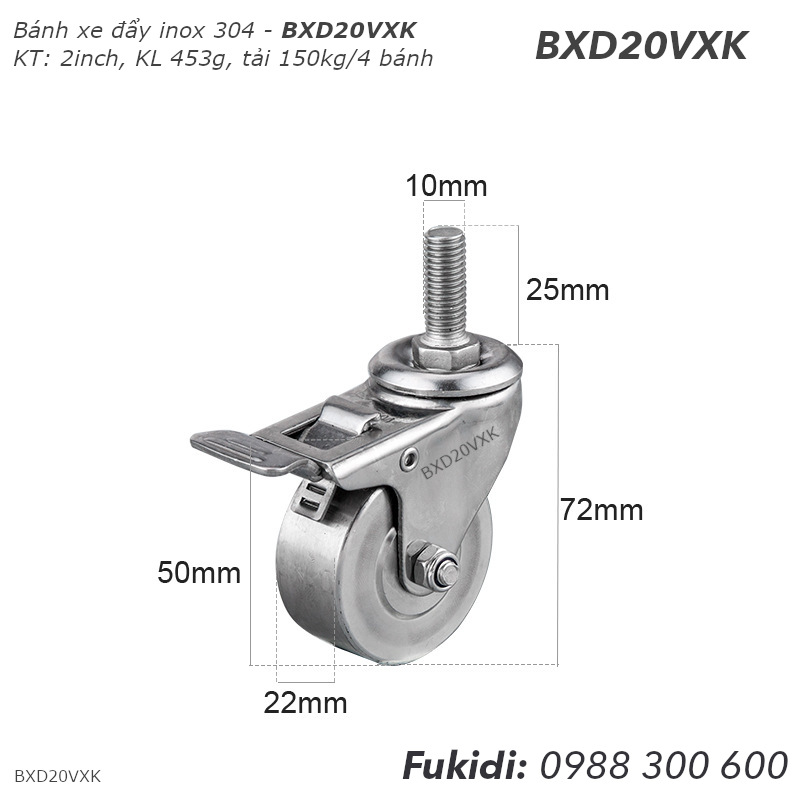 Bánh xe đẩy inox 304, trục vít xoay, tải 150kg cho bốn bánh, KT 22x50mm - BXD20VXK