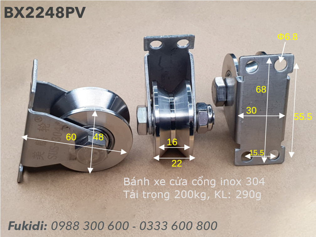 Bánh xe cửa cổng lùa inox 304 có đế treo ray V size 22x48mm BX2248PV