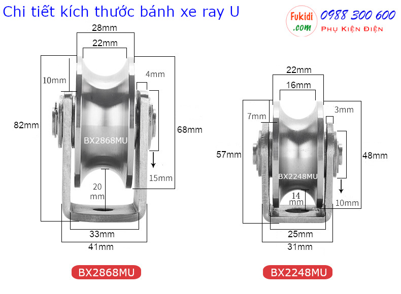 Chi tiết kích thước hai loại bánh xe ray V là BX2868MUE và BX2248MUE
