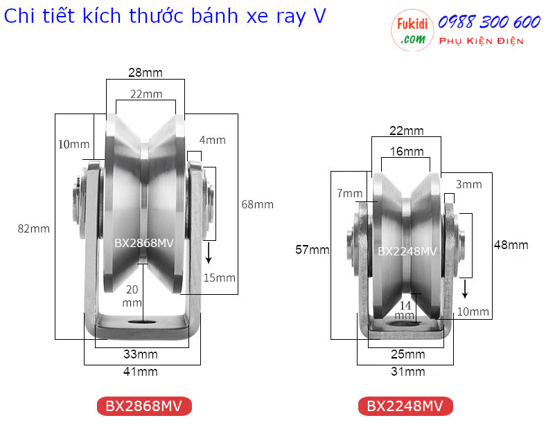 Chi tiết kích thước hai loại bánh xe ray V là BX2868MV và BX2248MV
